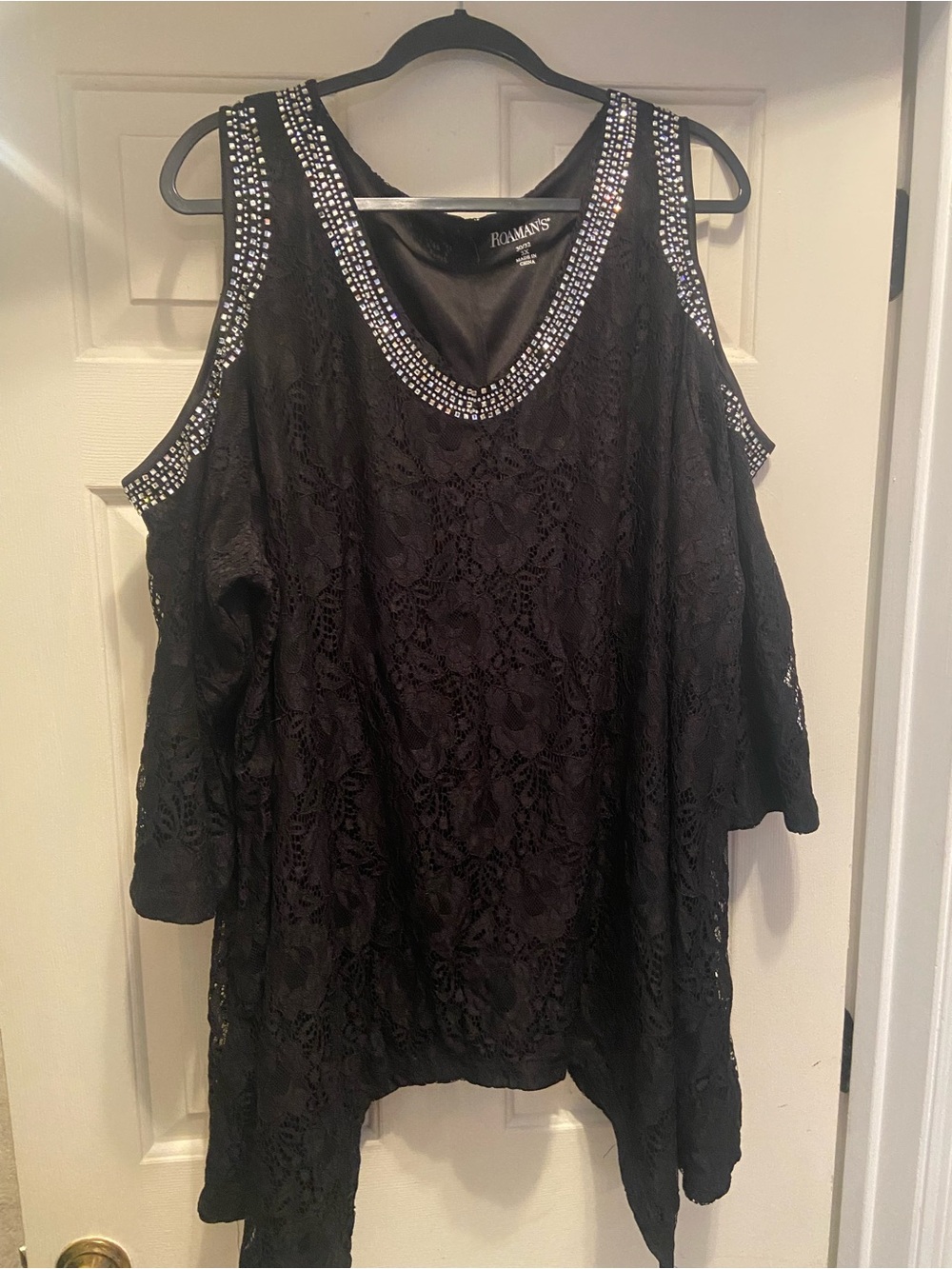 Roaman's 30/32 3x Black Lace Cold-Shoulder Tunic with Rhinestone Trim